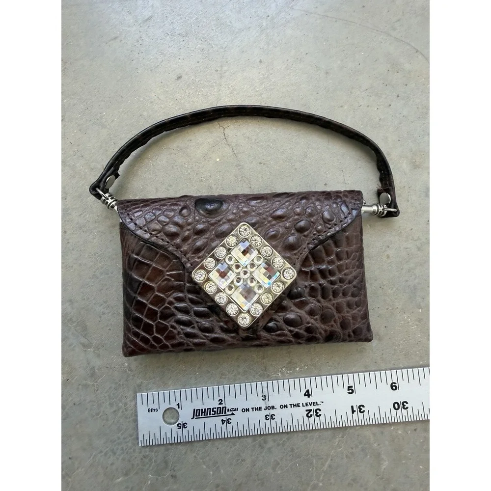 Raviani Made USA Brown Croc Embossed Leather Rhinestone Wristlet Belt Pouch